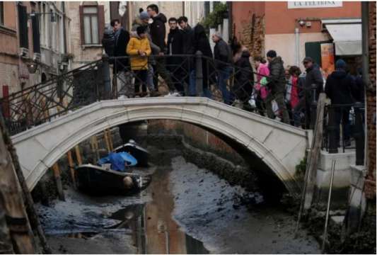 СНИМКА REUTERS Каналите на Венеция почти пресъхнаха Нивото на водата е